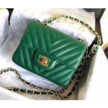 Chanel chevron caviar leather 1115 classic flap bag green with golden hardware