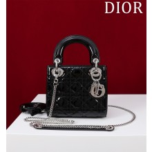 Dior Mini Lady Dior Bag in black Patent Cannage Calfskin with silver hardware 2024