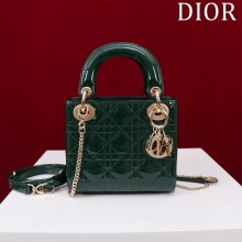 Dior Mini Lady Dior Bag in dark green Patent Cannage Calfskin with gold hardware 2024