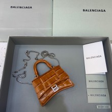 balenciaga hourglass mini handbag with chain metallized crocodile embossed caramel/silver