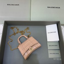 balenciaga hourglass mini handbag with chain metallized crocodile embossed pink/gold