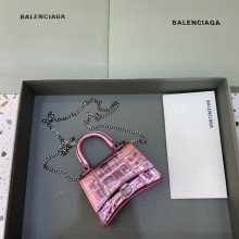 balenciaga hourglass mini handbag with chain metallized crocodile embossed shiny pink/silver