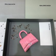 balenciaga hourglass mini handbag with chain metallized crocodile embossed pink/silver