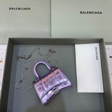balenciaga hourglass mini handbag with chain metallized crocodile embossed shiny purple/silver