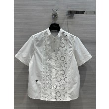 DIOR White Cotton Denim with Saint-Gall Motif Short Buttoned Blouse 2023