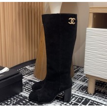 Chanel suede calfskin thigh boots with CC logo black heel 8.5cm 1213-2024