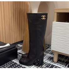 Chanel calfskin thigh boots with CC logo black heel 8.5cm 1213-2024