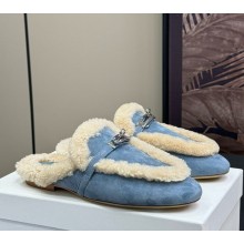 Hermes Oz Mule in suede goatskin with shearling sky blue 2024