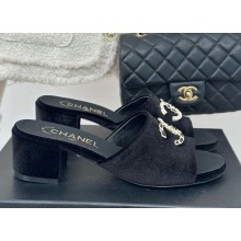 Chanel Velvet CC Logo slippers Black heel 5cm 1122-2024
