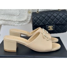 Chanel calfskin CC Logo slippers Beige heel 5cm 1122-2024