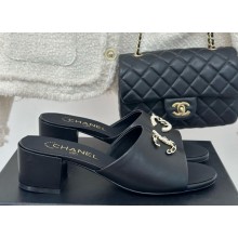 Chanel calfskin CC Logo slippers Black heel 5cm 1122-2024