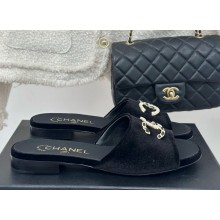 Chanel Velvet CC Logo slippers Black heel 1.5cm 1122-2024