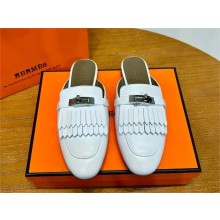 Hermes Kelly Buckle Oz Mules in fringed calfskin white (original quality)