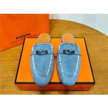 Hermes denim Kelly Buckle Oz Mules bleu clair (original quality)