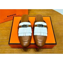 Hermes Kelly Buckle Oz Mules in fringed calfskin white/brown (original quality)