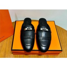 Hermes Kelly Buckle Oz Mules in fringed calfskin black (original quality)