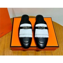 Hermes Kelly Buckle Oz Mules in fringed calfskin white/black (original quality)