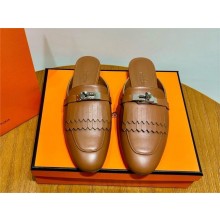 Hermes Kelly Buckle Oz Mules in fringed calfskin brown (original quality)