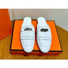 Hermes Kelly Buckle Oz Mules in fringed calfskin all white (original quality)