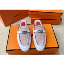 Hermes Kelly Buckle Oz Mules in calfskin and fringed H canvas pink (original quality)