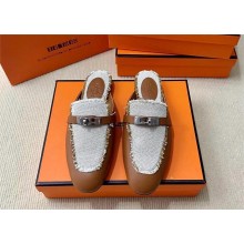 Hermes Kelly Buckle Oz Mules in calfskin and fringed H canvas brown (original quality)