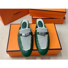 Hermes Kelly Buckle Oz Mules in calfskin and fringed H canvas green (original quality)