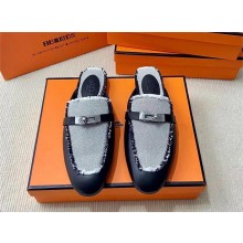 Hermes Kelly Buckle Oz Mules in calfskin and fringed H canvas black (original quality)