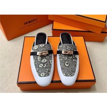 Hermes Kelly Buckle Oz Mules in lizard leather white/black (original quality)
