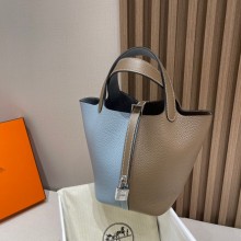 Hermes Picotin Lock Bag in original togo leather etoupe/bleu lin with silver hardware(handmade)