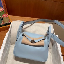 Hermes Mini Lindy 19cm Bag in original swift leather blue brume with silver hardware(handmade)