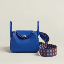 Hermes Mini Lindy 19cm Bag in original togo leather blue hydra with strap(handmade)