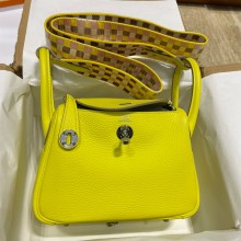 Hermes Mini Lindy 19cm Bag in original togo leather lime with strap(handmade)