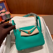 Hermes Mini Lindy 19cm Bag in original togo leather menthe/vert jade with gold hardware(handmade)