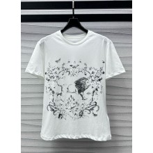 Dior T-Shirt White Cotton and Linen Jersey with Black Motif 1101-2024