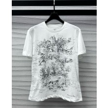 Dior T-Shirt White Cotton and Linen Jersey with Black Toile de Jouy Scotland Motif 1101-2024