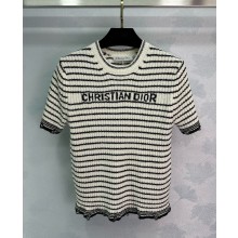 Dior Marinière Short-Sleeved Top Navy Blue and White Ribbed Cotton Knit 1101-2024