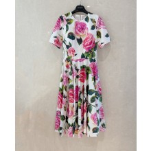 Dolce Gabbana Cotton calf-length babydoll dress with rose print 2025