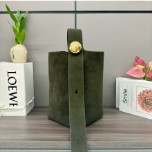 loewe large Pebble Bucket bag in suede calfskin dark olive 2025