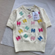 CHANEL CC emboridered KNIT SHORT-SLEEVED SWEATER WHITE 2024 SPRING