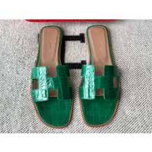 Hermes Oran Flat slippers in aligátor LEATHER Vert Emeraude 2024
