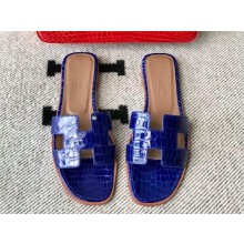 Hermes Oran Flat slippers in aligátor LEATHER Bleu Electrique 2024