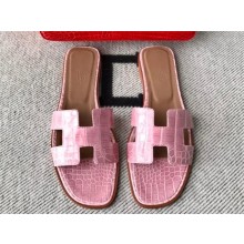 Hermes Oran Flat slippers in aligátor LEATHER pink 2024