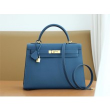 Hermes Kelly 32cm Bag In Original epsom Leather deep blue with gold hardware 2025(original quality+handmade)
