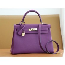Hermes Kelly 32cm Bag In Original togo Leather ANEMONE WITH GOLD HARDWARE 2025(original quality+handmade)