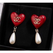 Chanel Heart Pearl Short Earrings Red 2018