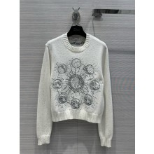 dior White Cashmere Knit with Gray Dior Phases Lunaires Motif Embroidered Sweater 2024