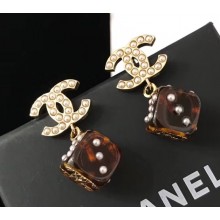 Chanel CC Short Earrings with Dice Pendant Brown 2018