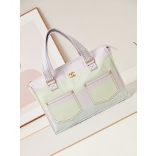 CHANEL Printed Denim & Gold-Tone Metal Light Pink, Light Yellow & Light Blue Shopping Bag AS4719 2024