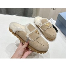 Prada Triangle Logo Shearling Slippers suede leather beige 2024