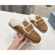 Prada Triangle Logo Shearling Slippers suede leather brown 2024